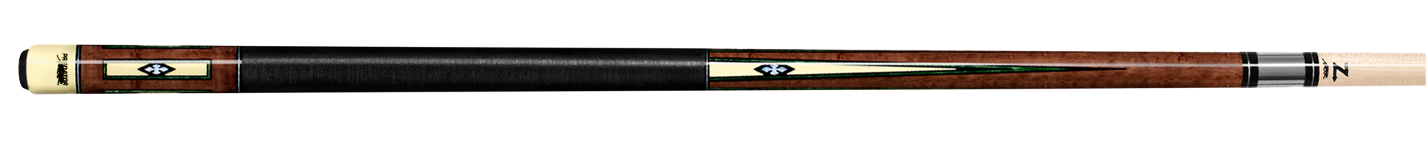 Dark wood pool cue with green and ivory detailing and black wrap on a white background.