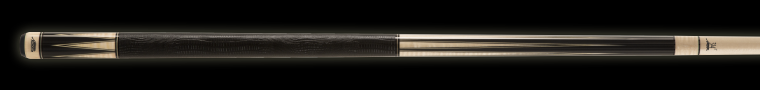 Dark and ivory pool cue with dark brown band on a black background.