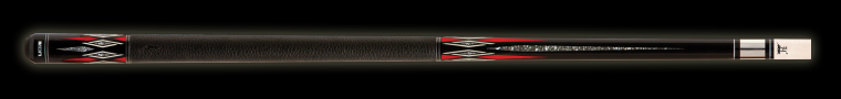 Black pool cue with red diamond accents and textured black wrap