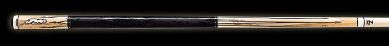 Black and light brown pool cue with white accents