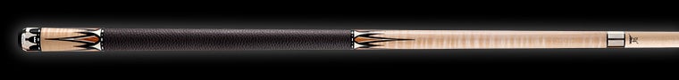 Black and light brown wood pool cue with black and white accents