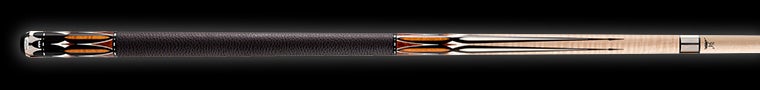 Close-up of a pool cue with a black and light brown design with white and dark brown accents