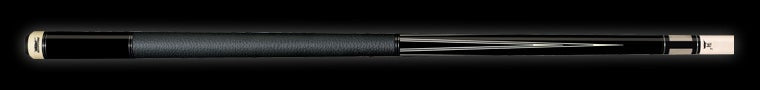 Glossy black pool cue with minimalistic white detailing and textured black wrap