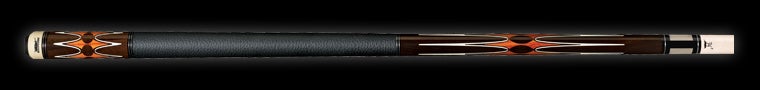 Brown and orange pool cue with intricate detailing and textured black wrap