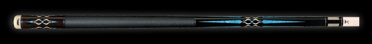 Black pool cue with intricate blue detailing and textured black wrap