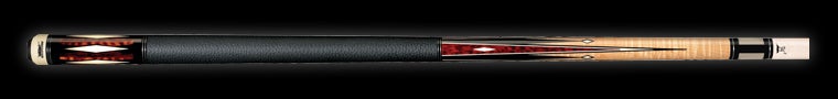 Pool cue with black and red design and textured black wrap