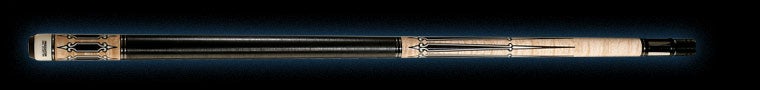 Black and pale wood pool cue with decorative detailing on a black background.