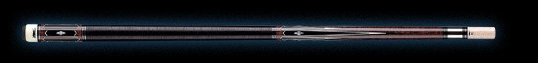 Glossy black pool cue with dark brown accents on a black background.
