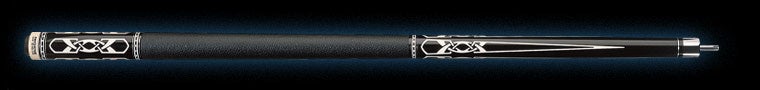Black pool cue with intricate white detailing and textured black wrap on a black background.