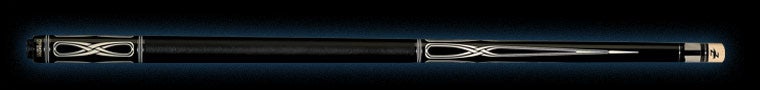 Black pool cue with intricate ivory detailing on a black background.
