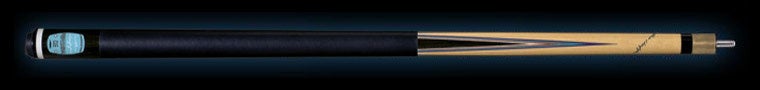 Pool cue with black and wood design on a black background.