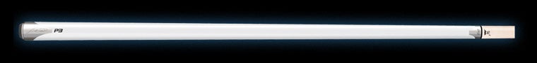 Glossy white pool cue on a black background.