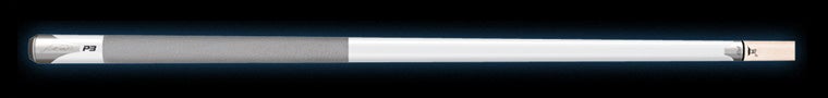 Pool cue with white shaft and grey butt on a black background.