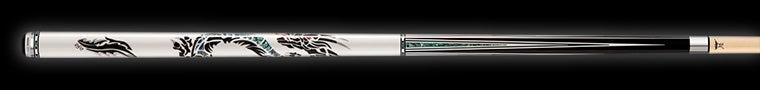 Black and white pool cue with green accent and green/black dragon design on a black background.