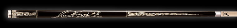 Glossy black pool cue with intricate ivory detailing on a black background.