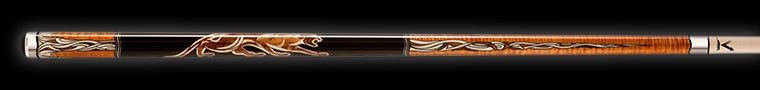 Black and wood glossy pool cue with intricate ivory detailing on a black background.