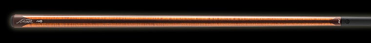 Glossy wood pool cue with brown stripe on a black background.