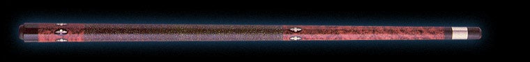 Brown wood pool cue with white detailing and textured brown wrap on a black background.