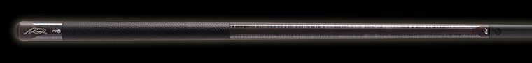Glossy black pool cue with textured black wrap on a black background.