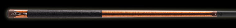 Brown wooden pool cue with black wrap on a black background.