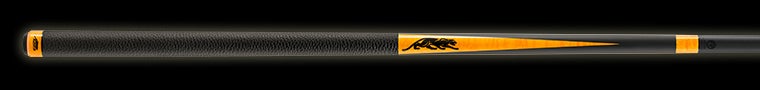 Black pool cue with bright orange accents and black panther logo on a black background.