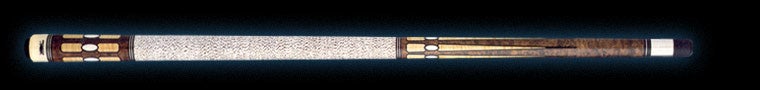 Two-toned wood pool cue with textured off-white wrap on a black background.