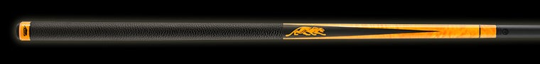 Black pool cue with bright orange accent and orange panther logo on a black background.