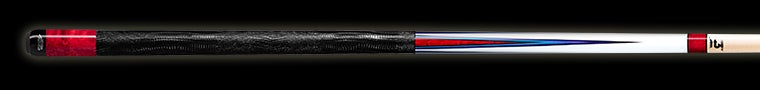 White pool cue with red and blue accents and textured black wrap on a black background.