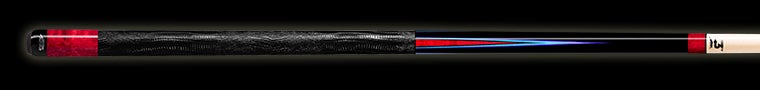 Glossy black and red pool cue with blue accent and textured black wrap on a black background.