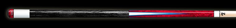 Glossy red pool cue with white and blue accent with black textured wrap on a black background.