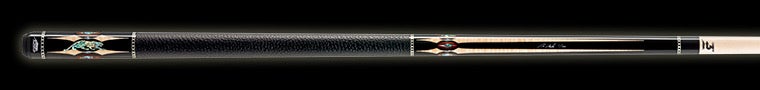 Black pool cue with green and pale wood accents