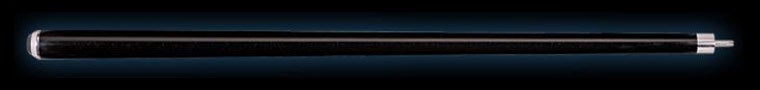 Glossy black pool cue butt on a black background.