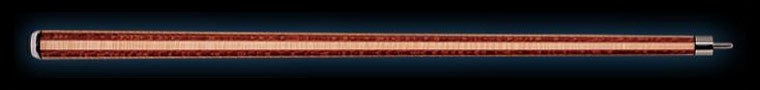 Two-toned wood pool cue butt on a black background.