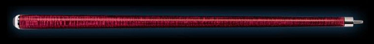 Burgundy patterned wood pool cue butt on a black background.