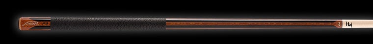 Black pool cue with brown wooden stripe and textured black wrap