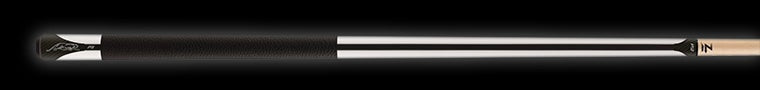 White pool cue with textured black wrap and black stripe