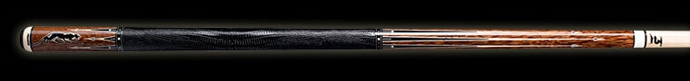 Black and dark brown pool cue with light brown accents