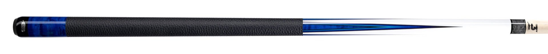 White and cobalt blue pool cue with textured black wrap on a white background.