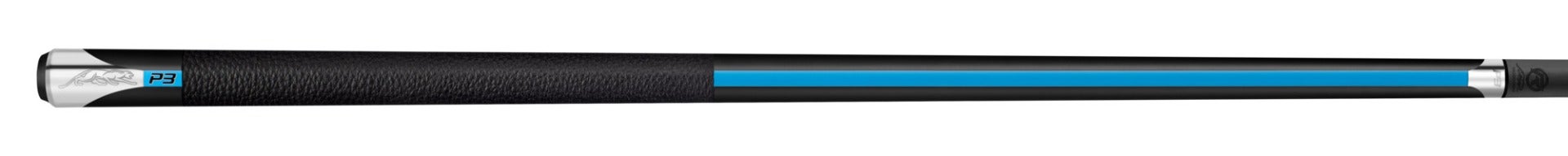 Black pool cue with black textured wrap and blue stripe