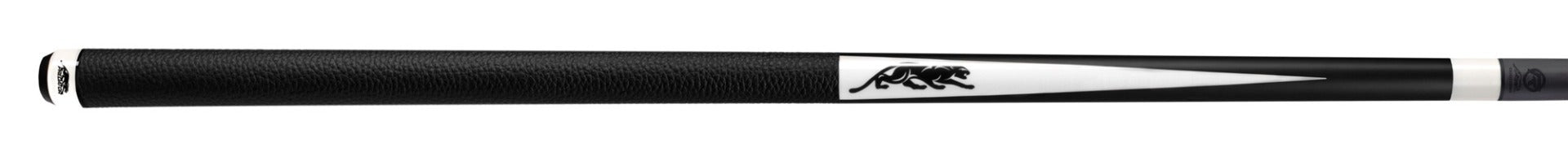 Black and white pool cue with black panther logo on a white background.