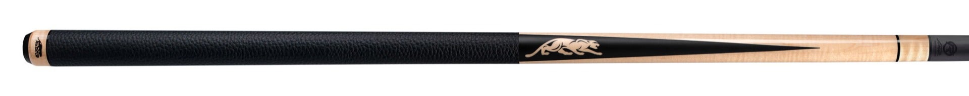 Black and pale wood pool cue featuring a beige panther logo on a white background.