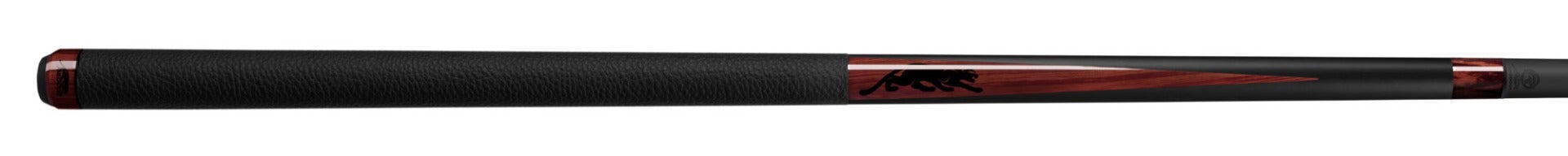 Black and deep brown wood pool cue with black panther logo on a white background.