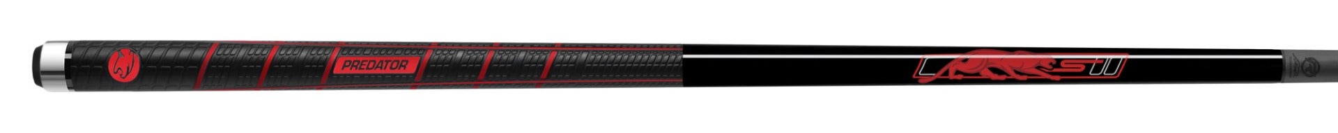 Black and red pool cue with PREDATOR branding and red panther logo