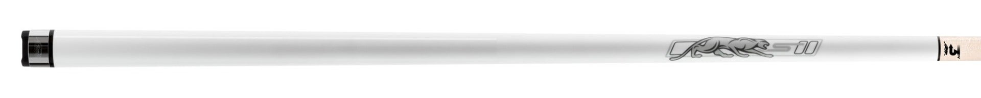 Glossy white pool cue with grey panther logo