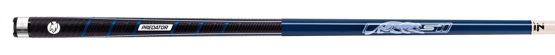 Blue and black pool cue with PREDATOR text on butt and blue panther logo on shaft