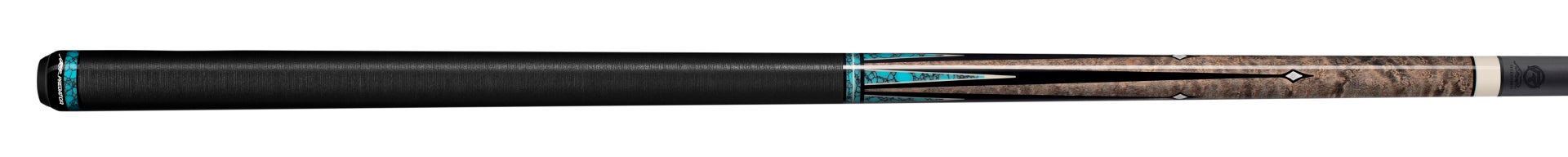 Pool cue featuring a black and brown design with turquoise accents