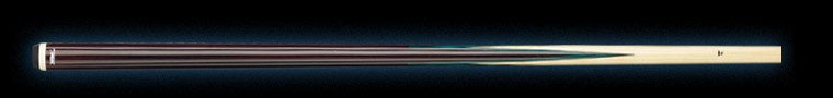 Two-toned wood pool cue with dark green accent on a black background.