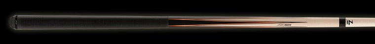 Two-toned wood pool cue with black butt on a black background.