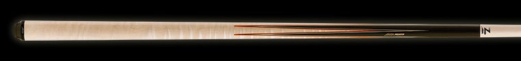 Two-toned wood pool cue on a black background.