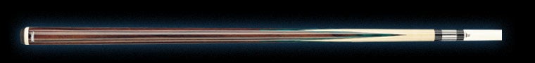 Two-toned wooden pool cue with dark green accent on a black background.